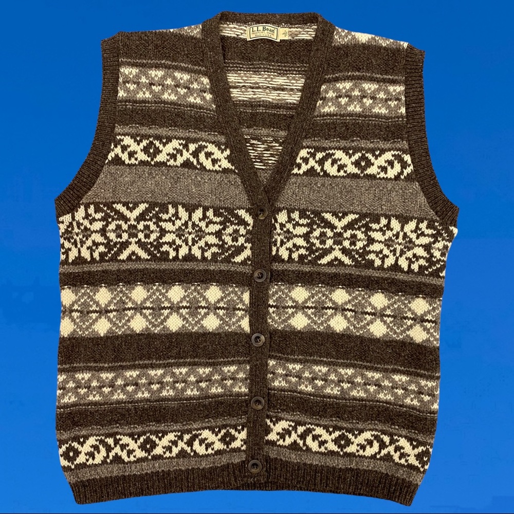 Vintage LL Bean Brown Wool Fair Isle Sweater Vest Cardigan Made in USA